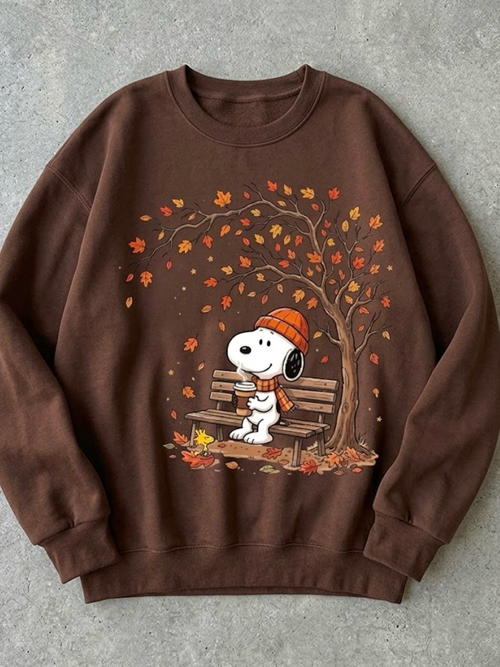 Snoopy Autumn Leaves Coffee Cozy Peanuts Brown Sweater Sweatshirt